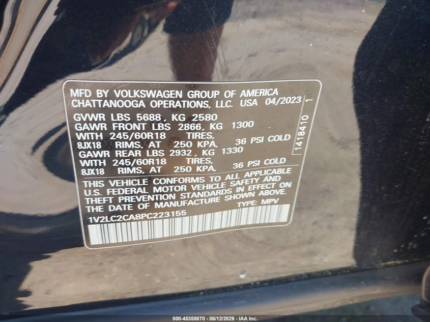 2023 Volkswagen Atlas cross sport VIN 1V2LC2CA8PC223155 IAAI salvage auction — SIDE, Salvage - Greater Than 75% (Maryland), sold $9,500 on 2026-09-29 (photo 9)