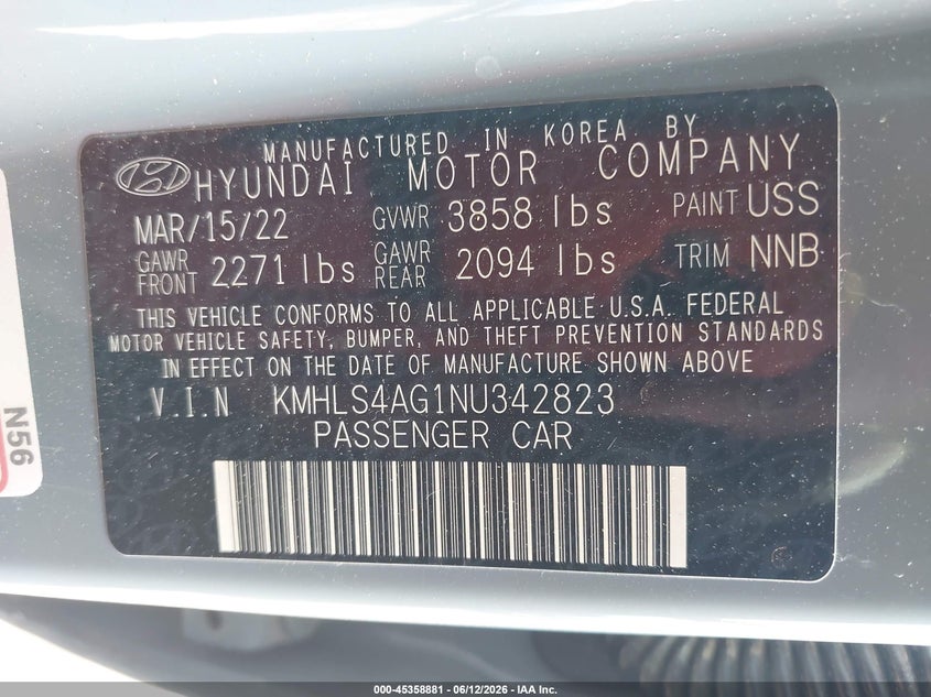 2022 Hyundai Elantra VIN KMHLS4AG1NU342823 IAAI salvage auction — LEFT FRONT, Salvage (Alabama), sold $1,900 on 2026-07-08 (photo 9)