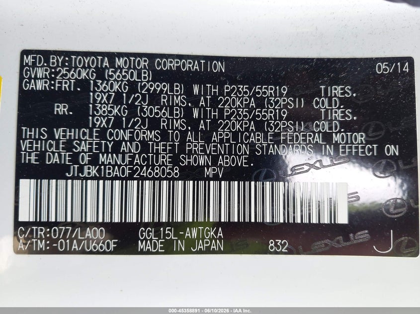 2015 Lexus Rx VIN JTJBK1BA0F2468058 IAAI salvage auction — SIDE, Salvage (North Carolina), sold $4,200 on 2026-07-30 (photo 9)