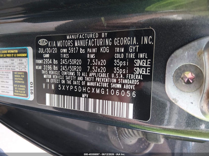 2021 Kia Telluride VIN 5XYP5DHCXMG106056 IAAI salvage auction — HAIL, Salvage (Kansas), sold $9,000 on 2026-07-10 (photo 9)