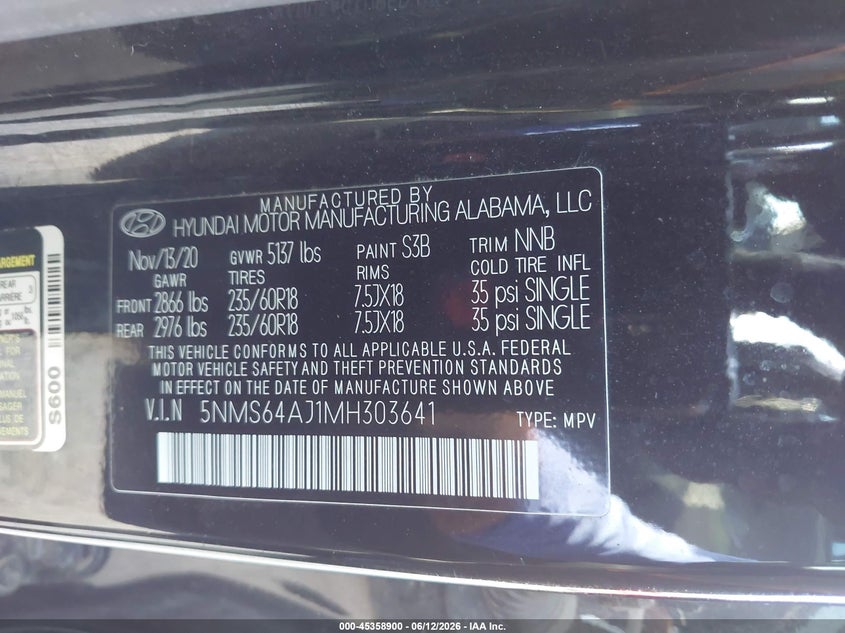 2021 Hyundai Santa fe VIN 5NMS64AJ1MH303641 IAAI salvage auction — HAIL, Salvage Title, sold $10,800 on 2026-08-25 (photo 9)