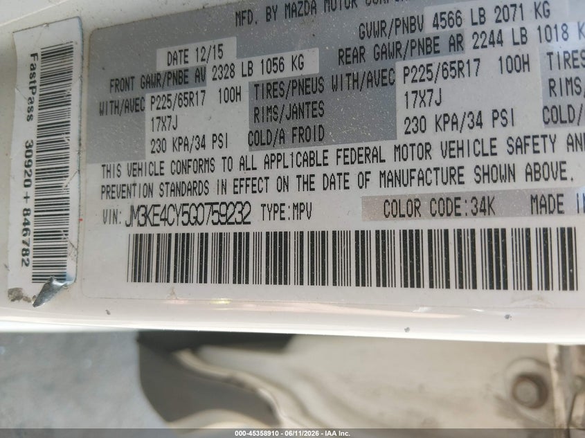 2016 Mazda Cx-5 VIN JM3KE4CY5G0759232 IAAI salvage auction — NORMAL WEAR, Clear (Connecticut), sold $1,350 on 2026-07-16 (photo 9)