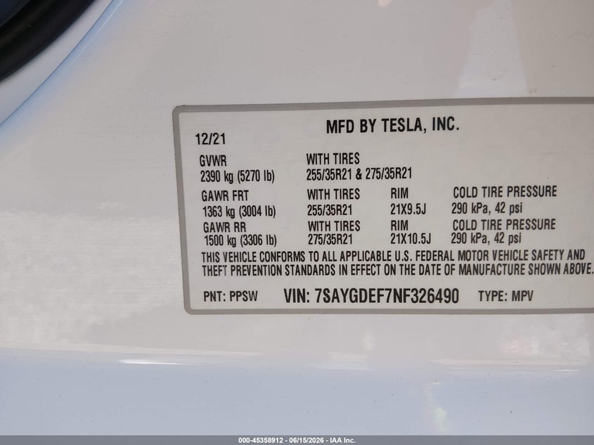2022 Tesla Model y VIN 7SAYGDEF7NF326490 IAAI salvage auction — FRONT END, Salvage (Arkansas), sold $8,600 on 2026-07-30 (photo 9)