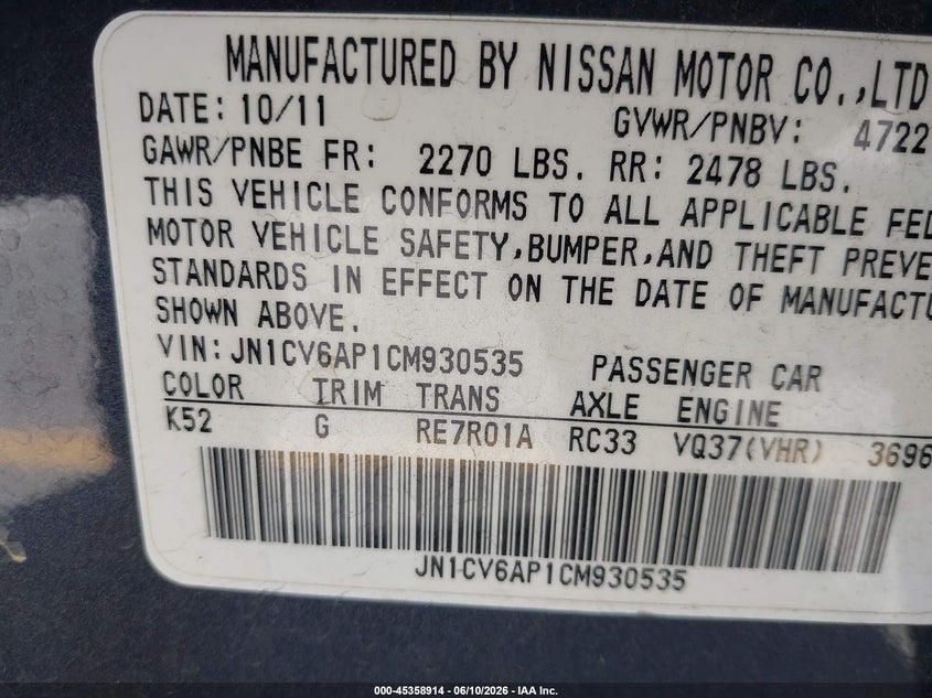 2012 Infiniti G VIN JN1CV6AP1CM930535 IAAI salvage auction — THEFT, Clear - Dealer Only (California), sold $2,350 on 2026-07-10 (photo 9)