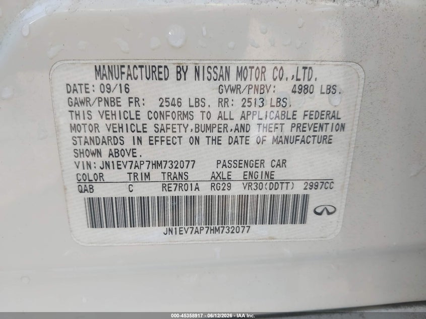 2017 Infiniti Q50 VIN JN1EV7AP7HM732077 IAAI salvage auction — THEFT, Salvage (Georgia), sold $1,250 on 2026-07-30 (photo 9)
