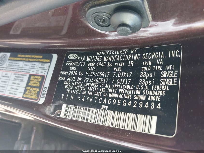 2014 Kia Sorento VIN 5XYKTCA69EG429434 IAAI salvage auction — UNKNOWN, Salvage (Massachusetts), sold $900 on 2026-07-10 (photo 9)