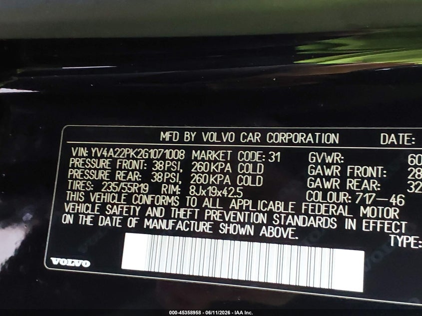 2016 Volvo Xc90 VIN YV4A22PK2G1071008 IAAI salvage auction — LEFT FRONT, Salvage (Louisiana), sold $3,500 on 2026-07-07 (photo 9)