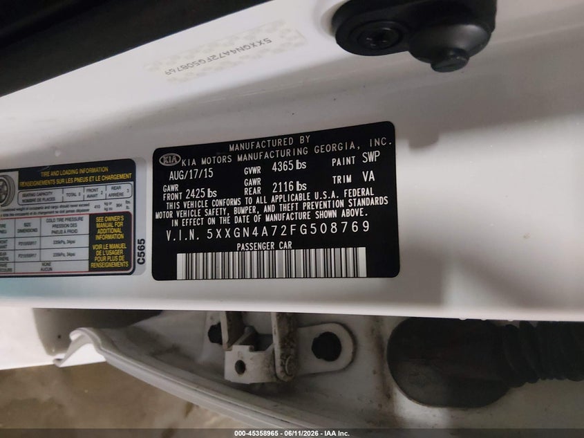 2015 Kia Optima VIN 5XXGN4A72FG508769 IAAI salvage auction — RIGHT SIDE, Salvage (Iowa), sold $25 on 2026-07-28 (photo 9)