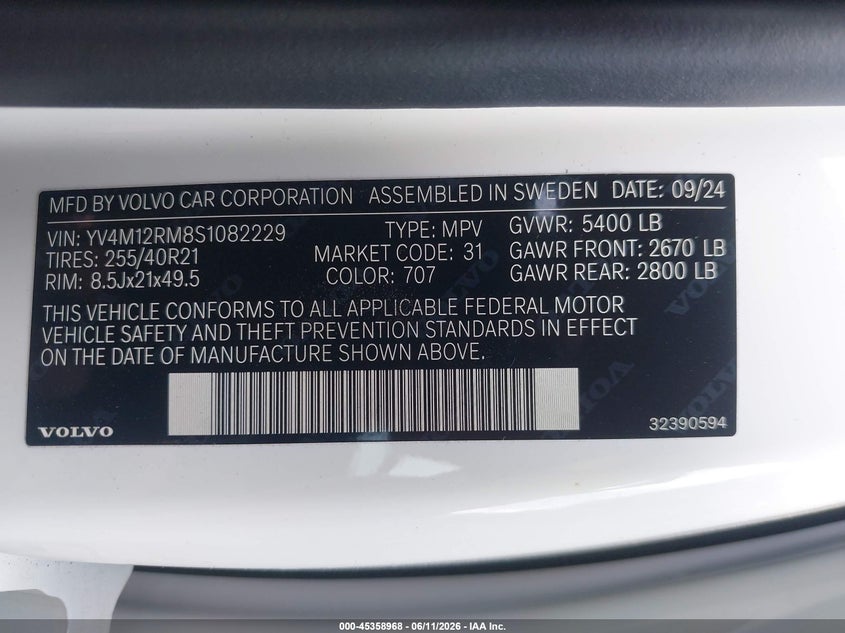 2025 Volvo Xc60 VIN YV4M12RM8S1082229 IAAI salvage auction — REAR END, Salvage (Virginia), sold $15,475 on 2026-07-08 (photo 9)