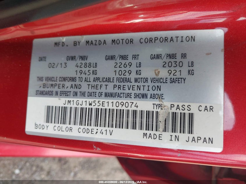 2014 Mazda 6 VIN JM1GJ1W55E1109074 IAAI salvage auction — FRONT END, Salvage Title, sold $700 on 2026-07-28 (photo 9)