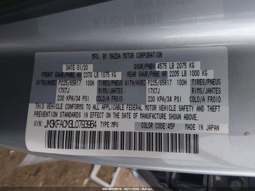 2020 Mazda Cx-5 VIN JM3KFACM3L0793964 IAAI salvage auction — LEFT SIDE, Original (Texas), sold $5,800 on 2026-07-28 (photo 9)