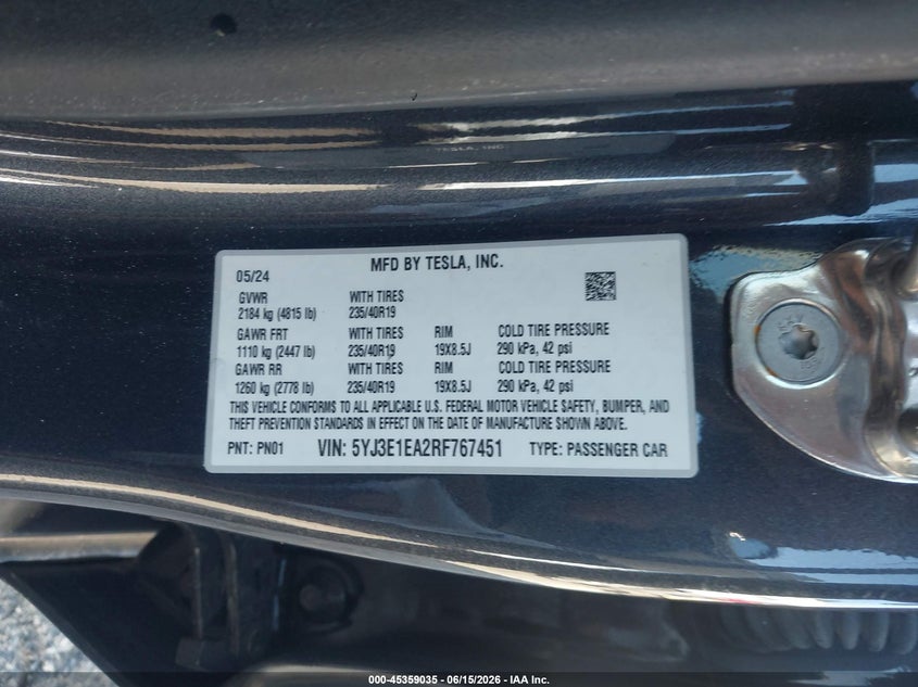 2024 Tesla Model 3 VIN 5YJ3E1EA2RF767451 IAAI salvage auction — FRONT & REAR, Salvage (Georgia), sold $5,600 on 2026-08-22 (photo 9)