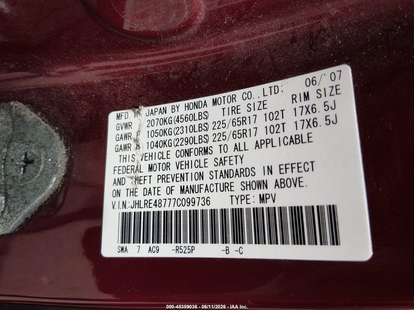 2007 Honda Cr-v VIN JHLRE48777C099736 IAAI salvage auction — FRONT END, Salvage (Connecticut), sold $1,050 on 2026-07-08 (photo 9)