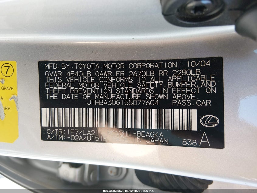 2005 Lexus Es 330 VIN JTHBA30G155077604 IAAI salvage auction — FRONT END, Salvage (Pennsylvania), sold $500 on 2026-07-29 (photo 9)