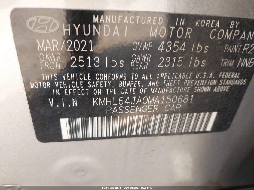 2021 Hyundai Sonata VIN KMHL64JA0MA150681 IAAI salvage auction — LEFT SIDE, Salvage Title, sold $1,100 on 2026-07-30 (photo 9)