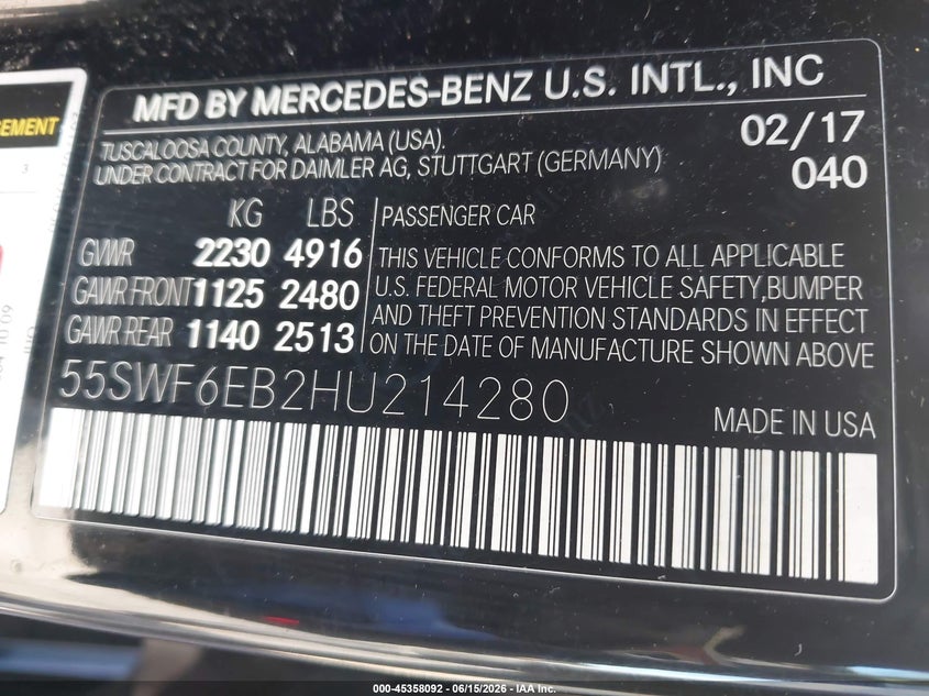 2017 Mercedes-benz VIN 55SWF6EB2HU214280 IAAI salvage auction — FRONT END, Salvage Title, sold $425 on 2026-07-21 (photo 9)