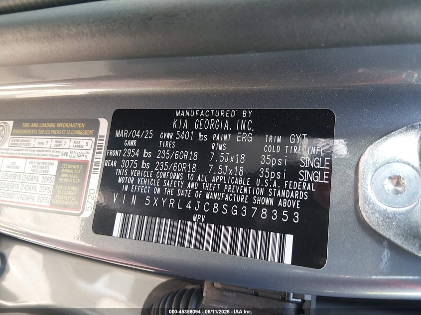 2025 Kia Sorento VIN 5XYRL4JC8SG378353 IAAI salvage auction — RIGHT FRONT, Rebuildable (Florida), sold $11,100 on 2026-07-10 (photo 9)