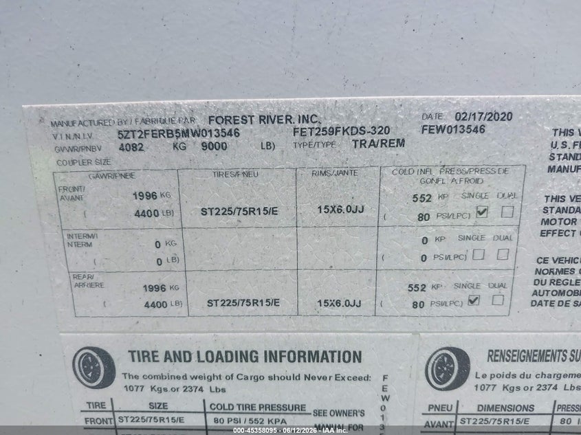 2021 Forest river Freedom express VIN 5ZT2FERB5MW013546 IAAI salvage auction — Unknown, Certificate Of Destruction (Florida), sold $2,600 on 2026-07-16 (photo 9)