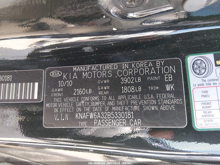 2011 Kia Forte VIN KNAFW6A32B5330181 IAAI salvage auction — FRONT END, Salvage (Texas), sold $375 on 2026-07-08 (photo 9)
