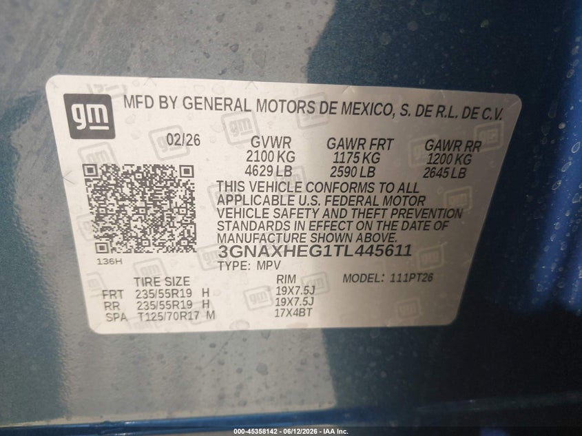 2026 Chevrolet Equinox VIN 3GNAXHEG1TL445611 IAAI salvage auction — FRONT END, Salvage (Kansas), sold $7,800 on 2026-07-31 (photo 9)