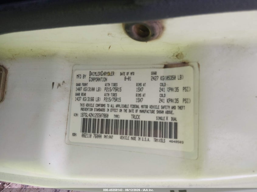2002 Dodge Dakota VIN 1B7GL42N12S507860 IAAI salvage auction — FRONT END, Clear (Arkansas), sold $400 on 2026-07-09 (photo 9)