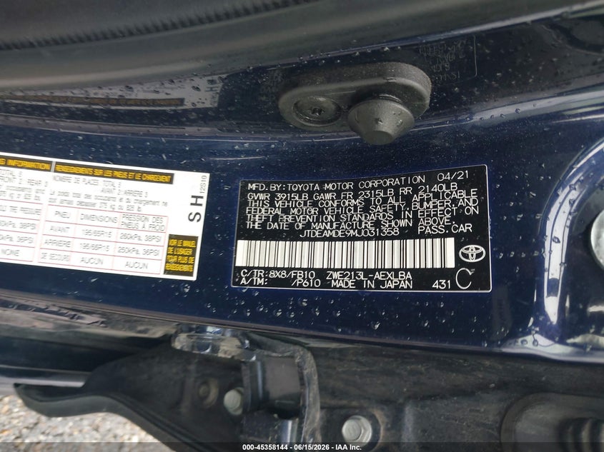 2021 Toyota Corolla VIN JTDEAMDE9MJ031358 IAAI salvage auction — FRONT END, Salvage Title, sold $4,850 on 2026-07-22 (photo 9)