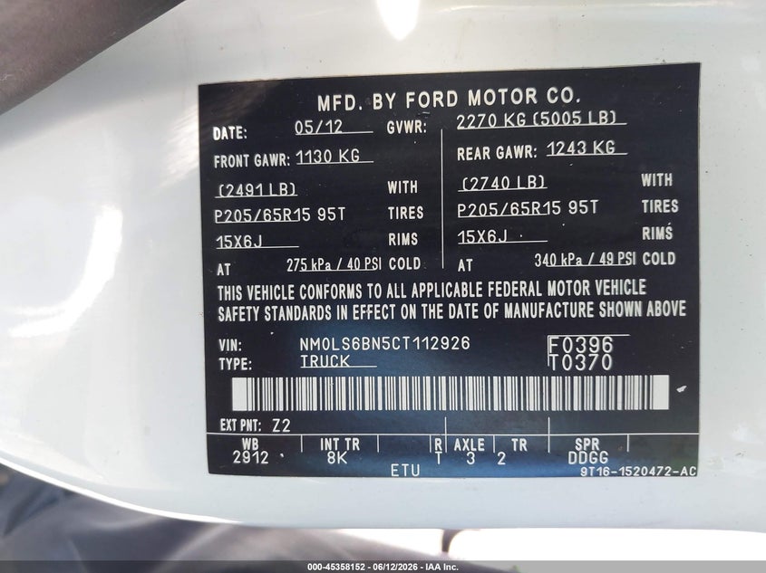 2012 Ford Transit VIN NM0LS6BN5CT112926 IAAI salvage auction — RIGHT SIDE, Salvage (Missouri), sold $250 on 2026-07-14 (photo 9)