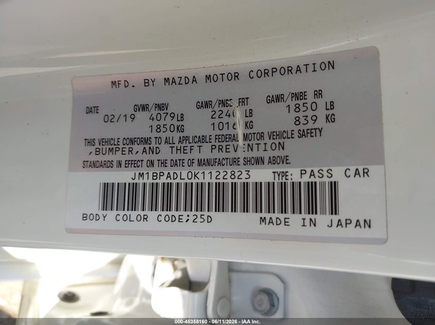 2019 Mazda VIN JM1BPADL0K1122823 IAAI salvage auction — FRONT END, Salvage (Ohio), sold $2,250 on 2026-07-09 (photo 9)