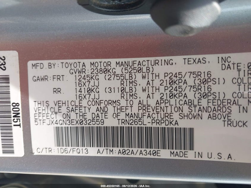 2014 Toyota Tacoma VIN 5TFJX4GN3EX032559 IAAI salvage auction — LEFT SIDE, Salvage (Alabama), sold $3,550 on 2026-07-07 (photo 9)