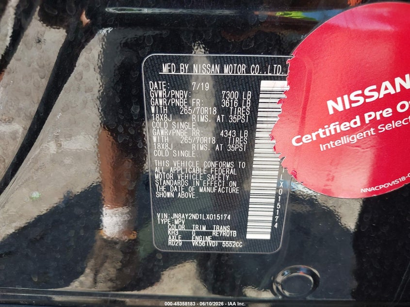 2020 Nissan Armada VIN JN8AY2ND1LX015174 IAAI salvage auction — FRONT END, Clear (Indiana), sold $4,000 on 2026-07-22 (photo 9)