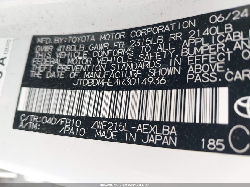 2024 Toyota Corolla VIN JTDBDMHE4R3014936 IAAI salvage auction — RIGHT FRONT, Mv-907A (New York), sold $3,400 on 2026-07-28 (photo 9)
