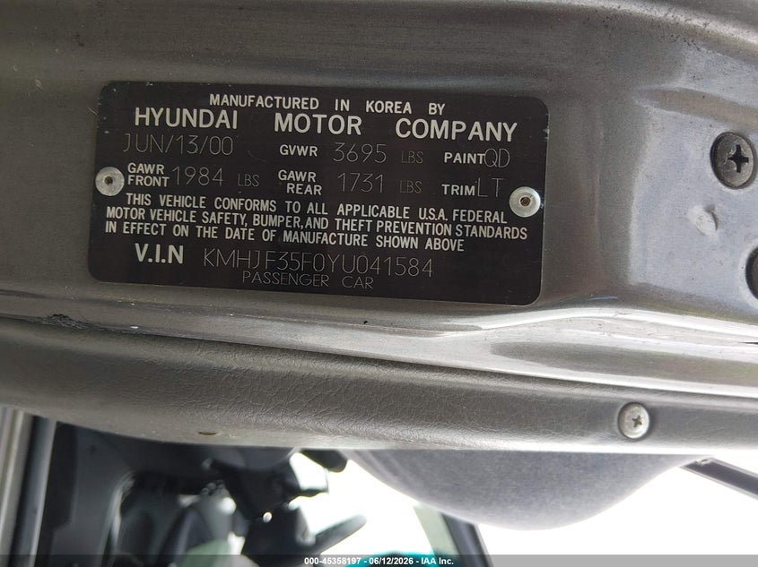 2000 Hyundai Elantra VIN KMHJF35F0YU041584 IAAI salvage auction — FRONT END, Bill Of Sale (Connecticut), sold $350 on 2026-07-23 (photo 9)
