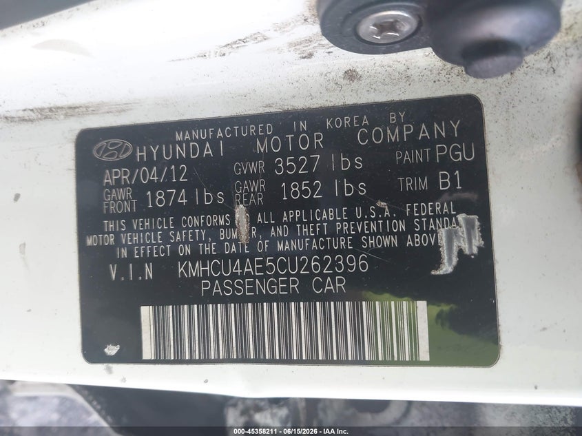 2012 Hyundai Accent VIN KMHCU4AE5CU262396 IAAI salvage auction — REAR END, Rebuildable (Florida), sold $375 on 2026-07-29 (photo 9)