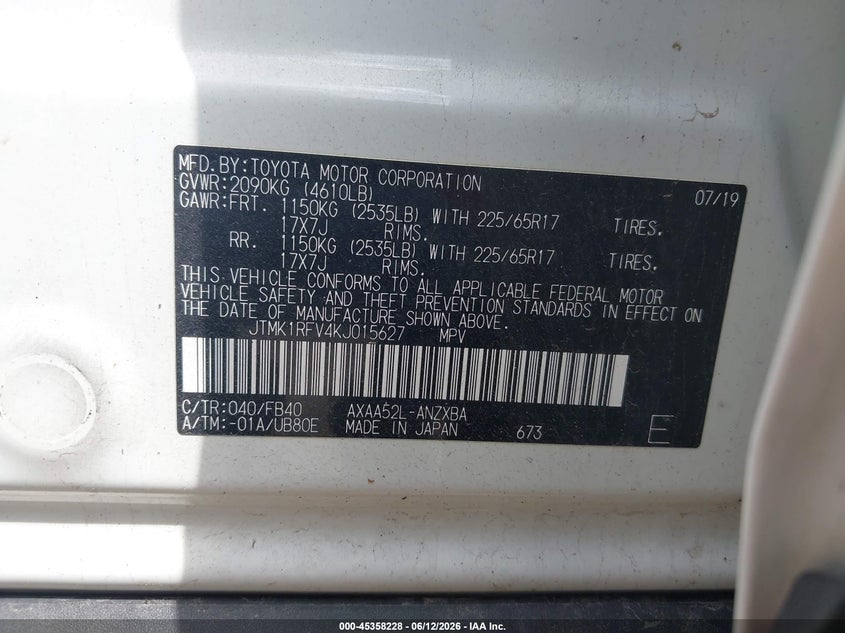 2019 Toyota Rav 4 VIN JTMK1RFV4KJ015627 IAAI salvage auction — FRONT END, Salvage Title, sold $6,800 on 2026-07-23 (photo 9)