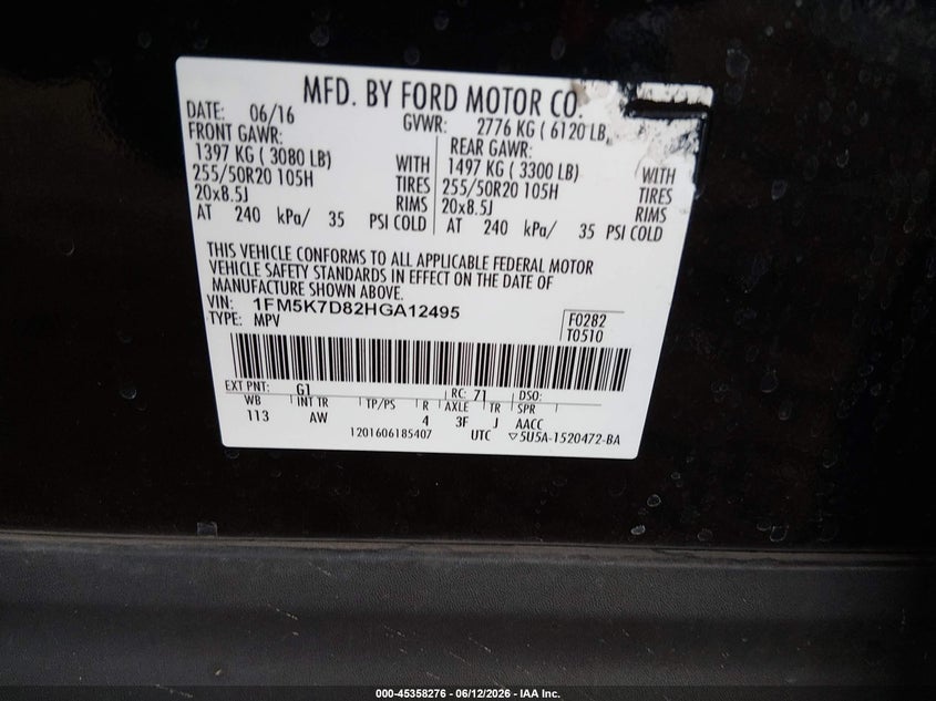 2017 Ford Explorer VIN 1FM5K7D82HGA12495 IAAI salvage auction — FRONT END, Salvage (Arizona), sold $2,750 on 2026-07-23 (photo 9)