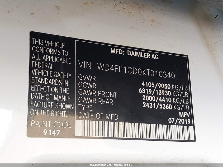 2019 Mercedes-benz Sprinter VIN WD4FF1CD0KT010340 IAAI salvage auction — FRONT END, Clear (Tennessee), sold $10,750 on 2026-07-07 (photo 9)