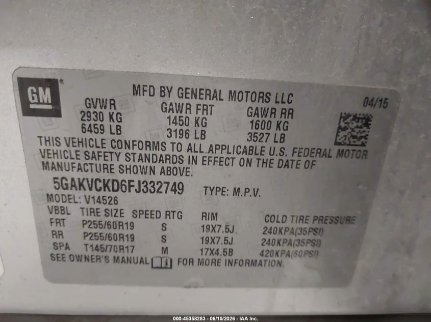 2015 Buick Enclave VIN 5GAKVCKD6FJ332749 IAAI salvage auction — FRONT END, Salvage Title, sold $950 on 2026-07-30 (photo 9)