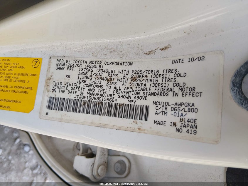 2003 Lexus Rx 300 VIN JTJGF10U630156664 IAAI salvage auction — NORMAL WEAR, Clear (Virginia), sold $300 on 2026-07-31 (photo 9)
