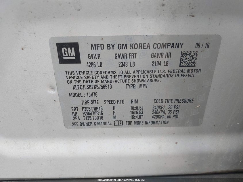 2019 Chevrolet Trax VIN KL7CJLSB7KB756519 IAAI salvage auction — RIGHT FRONT, Salvage (Ohio), sold $175 on 2026-07-08 (photo 9)
