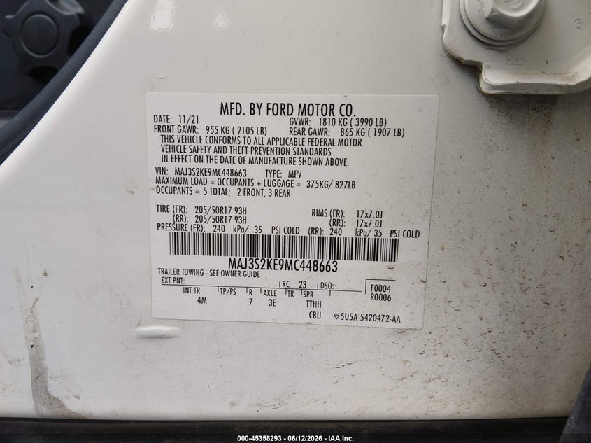 2021 Ford Ecosport VIN MAJ3S2KE9MC448663 IAAI salvage auction — FRONT END, Salvage (Arkansas), sold $25 on 2026-07-29 (photo 9)