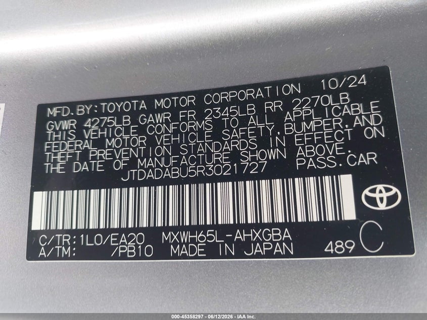 2024 Toyota Prius VIN JTDADABU5R3021727 IAAI salvage auction — RIGHT SIDE, Salvage Title, sold $14,100 on 2026-08-19 (photo 9)