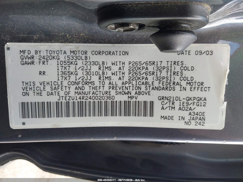 2004 Toyota 4runner VIN JTEZU14R240020360 IAAI salvage auction — FRONT END, Original (Texas), sold $1,700 on 2026-07-23 (photo 9)