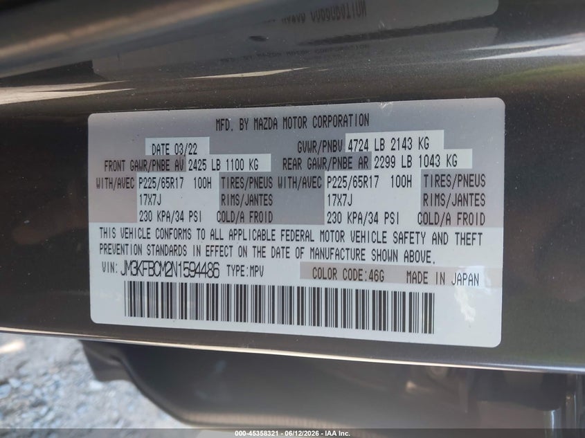 2022 Mazda Cx-5 VIN JM3KFBCM2N1594486 IAAI salvage auction — FRONT END, Salvage Title, sold $4,600 on 2026-07-21 (photo 9)