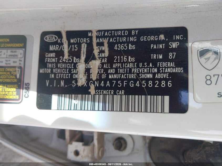 2015 Kia Optima VIN 5XXGN4A75FG458286 IAAI salvage auction — NORMAL WEAR, Clear-Dealer Only (Arizona), sold $1,000 on 2026-07-14 (photo 9)