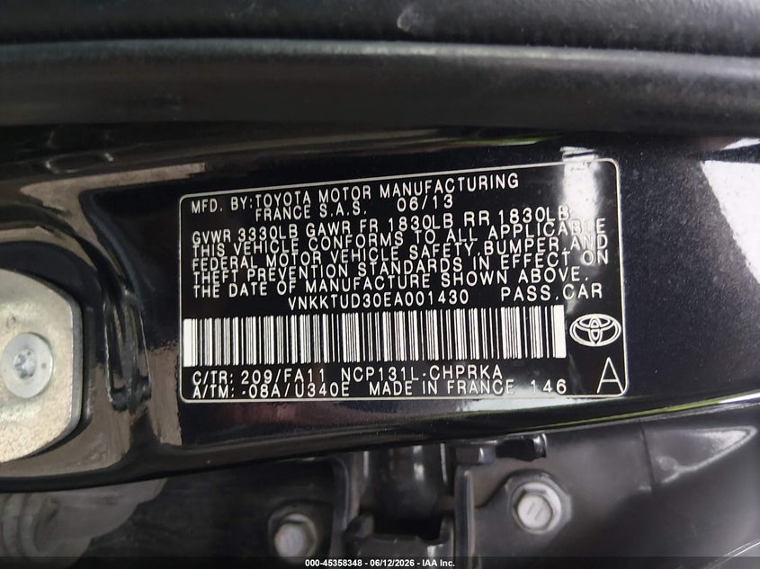 2014 Toyota Yaris VIN VNKKTUD30EA001430 IAAI salvage auction — FRONT & REAR, Salvage (Ohio), sold $875 on 2026-07-29 (photo 9)