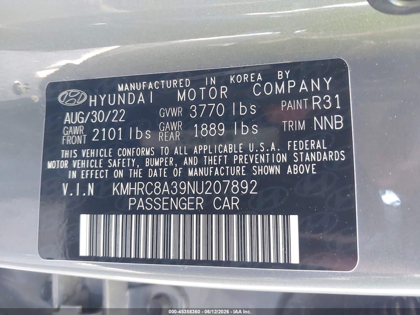 2022 Hyundai Venue VIN KMHRC8A39NU207892 IAAI salvage auction — REAR END, Salvage Title, sold $2,650 on 2026-07-28 (photo 9)