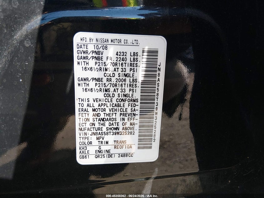 2009 Nissan Rogue sport VIN JN8AS58T39W325282 IAAI salvage auction — NORMAL WEAR, Clear (District Of Columbia), sold $275 on 2026-07-22 (photo 9)
