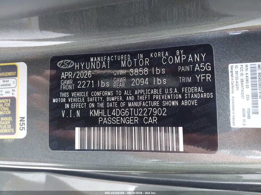2026 Hyundai Elantra VIN KMHLL4DG6TU227902 IAAI salvage auction — FRONT END, Salvage (Texas), sold $5,700 on 2026-07-30 (photo 9)