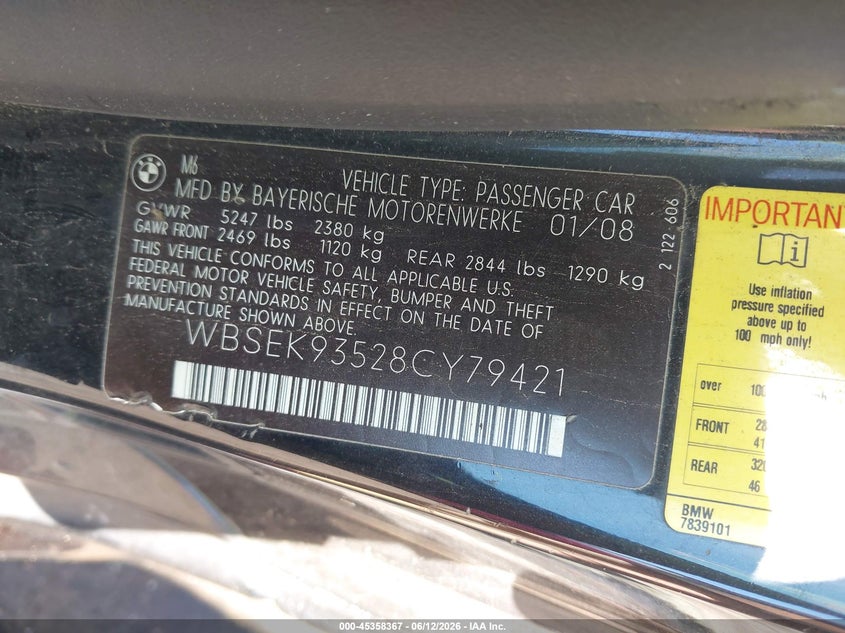 2008 BMW M6 VIN WBSEK93528CY79421 IAAI salvage auction — REAR END, Clear (Michigan), sold $4,750 on 2026-07-08 (photo 9)