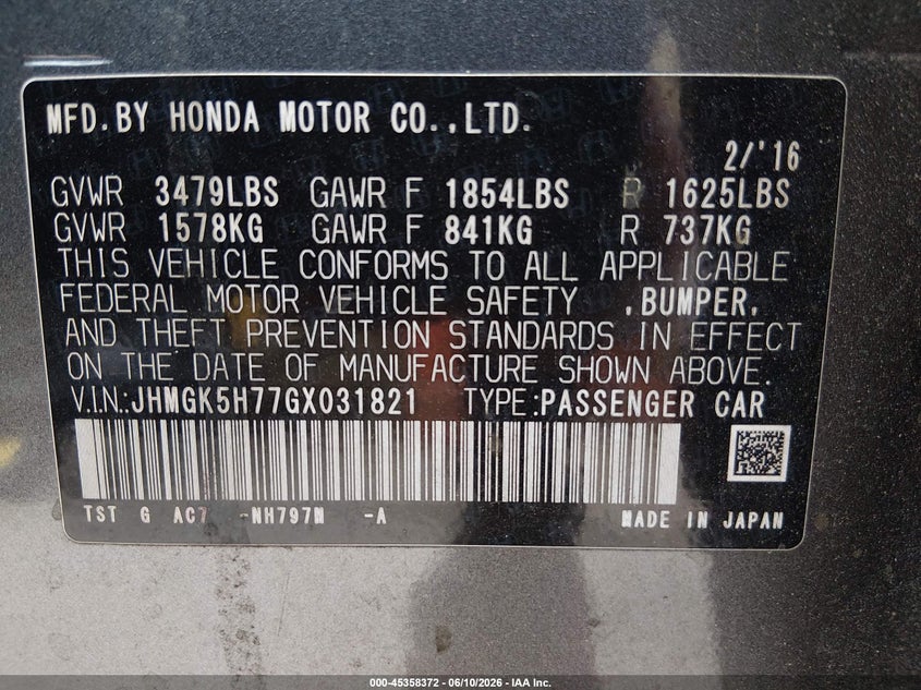 2016 Honda Fit VIN JHMGK5H77GX031821 IAAI salvage auction — FRONT & REAR, Salvage Title, sold $2,400 on 2026-07-28 (photo 9)